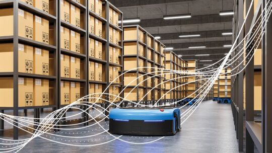 industrial robot on a supply room floor