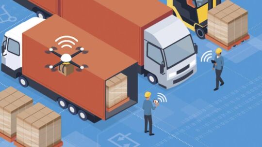 illustration of person interacting with supply chain delivery trucks and drones